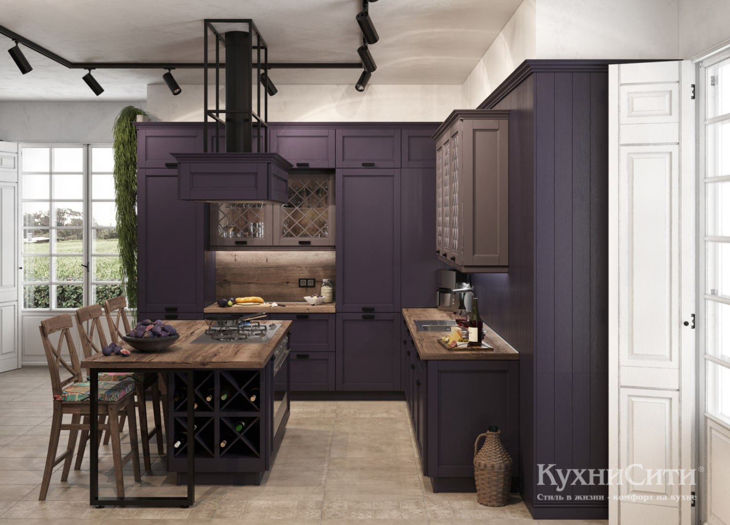 Кухня матовая фиолетовая со столовой зоной