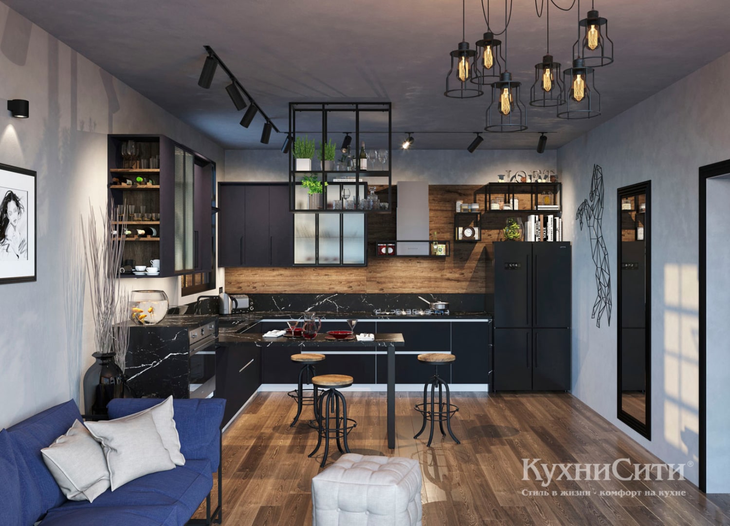 Кухня Loft Indastrial черная с барной стойкой — заказать в Москве |  КухниСити