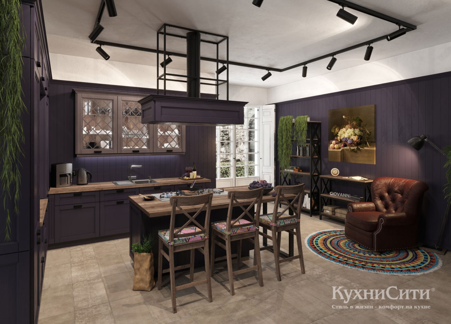 Кухня в стиле кантри фиолетовая и дерево